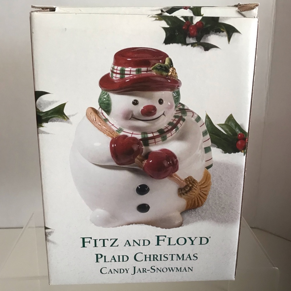Fitz & Floyd Christmas Plaid Snowman Trinket Bowl Dish Cookie Jar - NIB